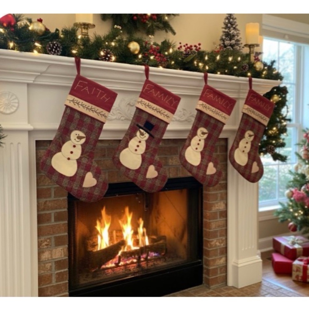 4 Plaid Christmas Snowman Stockings Family Faith Embroidery Maroon Tan Black 19”